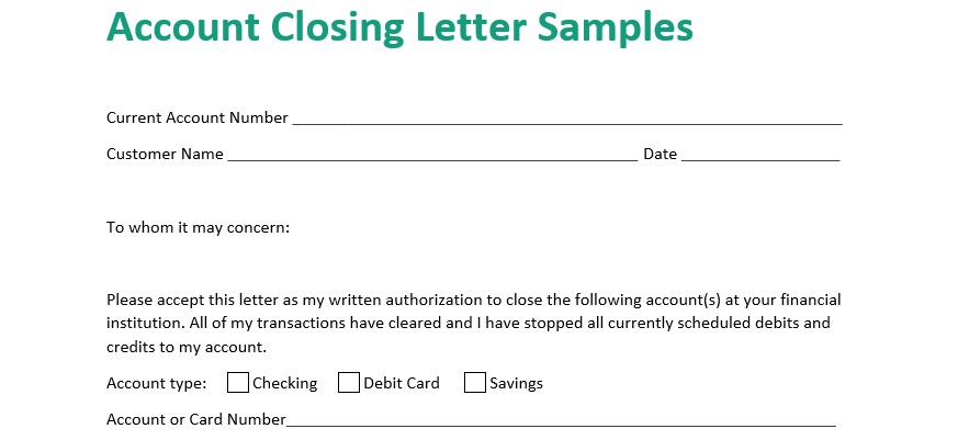 Closure of Bank Account Letter Samples
